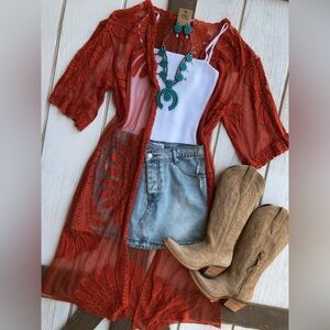 New Burnt Orange Embroidered Open Kimono Style Boho Cotton Duster S